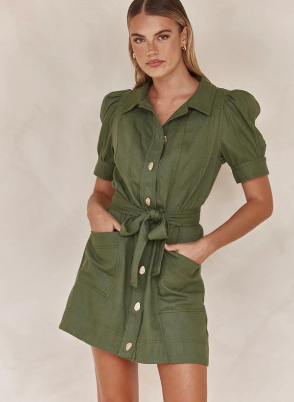 Linen Dress for Women - Olive Green Tie-Up Shirt Style Dress in Linen Blend