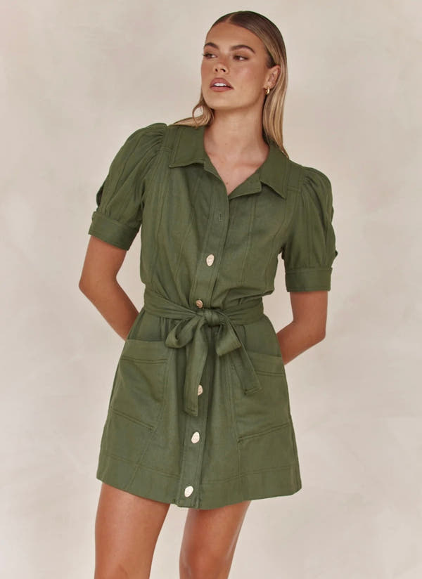 Linen Dress for Women - Olive Green Tie-Up Shirt Style Dress in Linen Blend