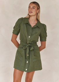 Linen Dress for Women - Olive Green Tie-Up Shirt Style Dress in Linen Blend