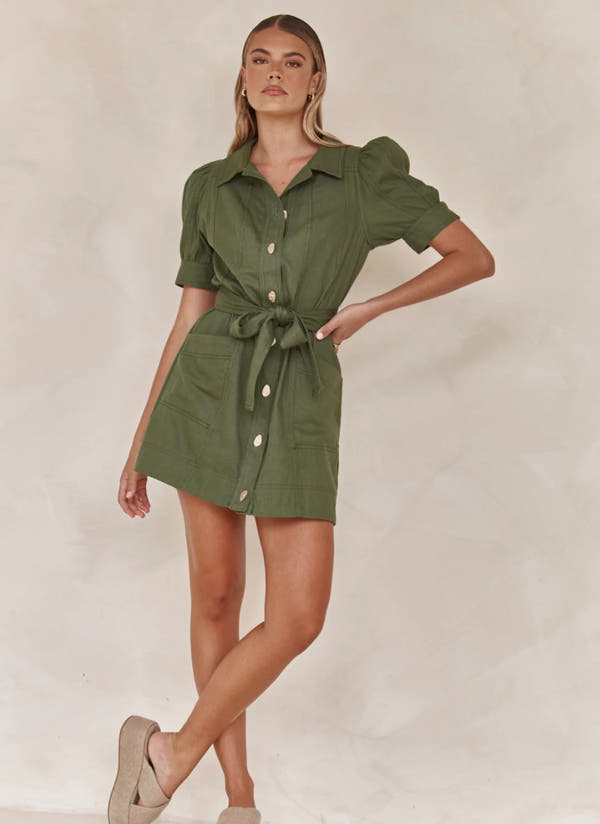 Linen Dress for Women - Olive Green Tie-Up Shirt Style Dress in Linen Blend